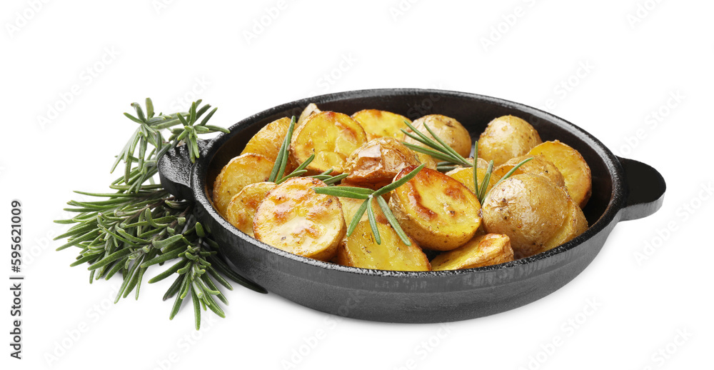 Delicious baked potatoes with rosemary isolated on white Delicious baked potatoes with rosemary isolated on white