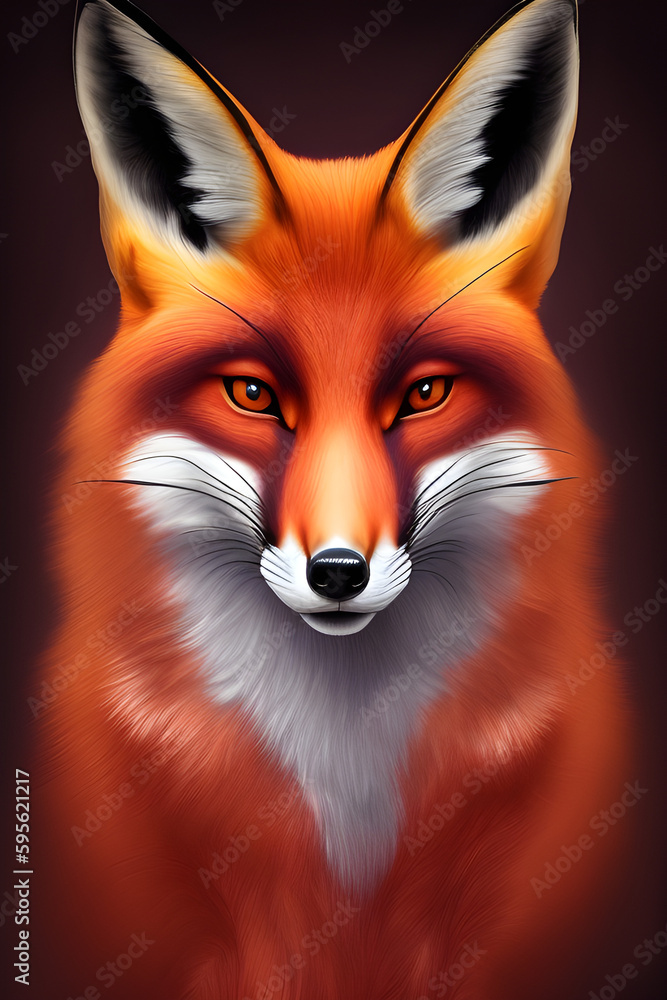 Fototapeta premium Portrait of a red fox on a dark background. The head of a beautiful forest animal. A clever look of a dodgy fox, a skilled predator and an elegant animal, generative ai
