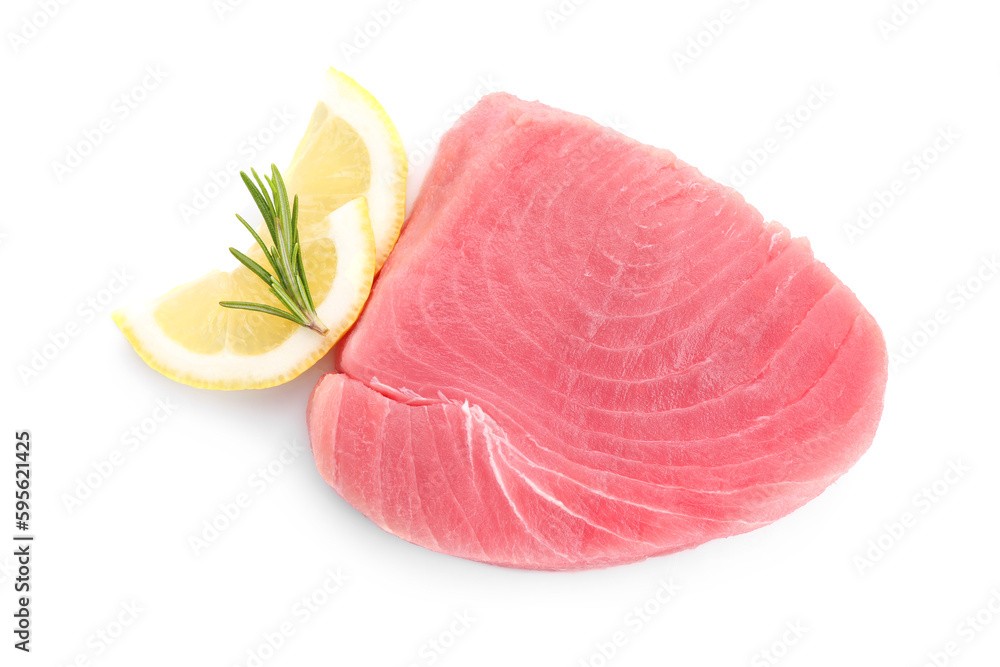 Raw tuna fillet with lemon slices and rosemary on white background, top view