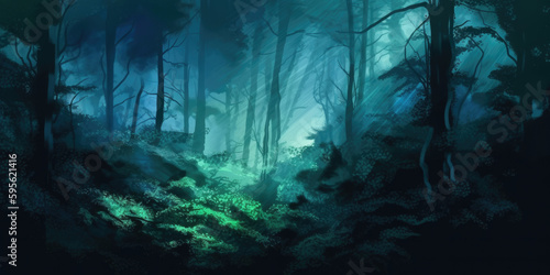 light green and deep blue hues, hint of fantasy forest, haze, animation, blended together