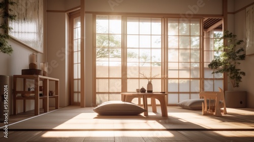 Japandi interior design room with beautiful lightning generative ai