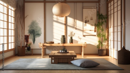 Japandi interior design room with beautiful lightning generative ai