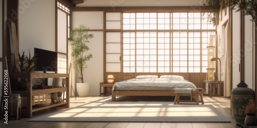 Japandi interior design room with beautiful lightning generative ai