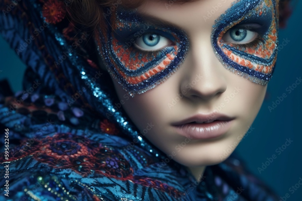 fashion editorial style extreme close-up shot, bold and colorful pattern, model with dramatic eye makeup, elaborate jewelry pieces, maximalist aesthetic. generative AI fashion editorial style extreme close-up shot, bold and colorful pattern, model with dramatic eye makeup, elaborate jewelry pieces, maximalist aesthetic. generative AI