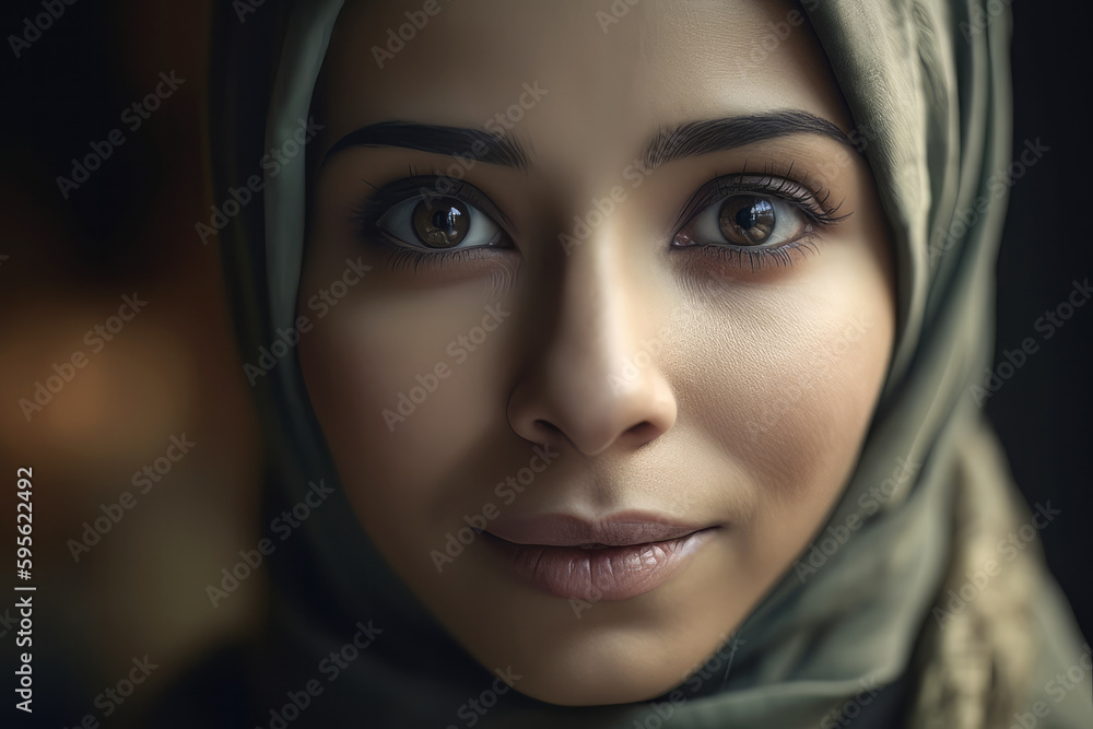 Muslim woman in hijab looking at camera. Created with artificial intelligent. Muslim woman in hijab looking at camera. Created with artificial intelligent.