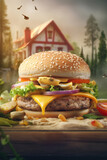 Cheeseburger gigante, Hamburger enorme, Formaggio fuso cremoso, locandina promozionale pubblicitaria. Al formaggio ricco di condimento con patate su tavolo con casa a tetto angolare. Generative AI
