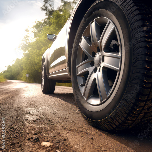 durability of a car tire with a photograph of a car driving on a bumpy road, with a focus on the tire treads and the dust flying up, ai