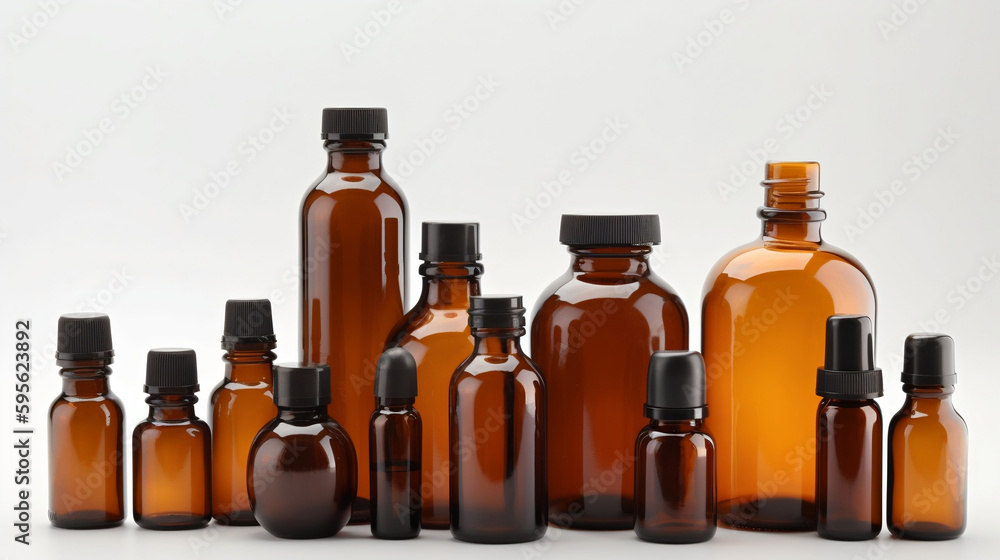 Various amber glass bottles for cosmetics, natural medicine, essential oils or other liquids isolated on a white background. Generative AI. Various amber glass bottles for cosmetics, natural medicine, essential oils or other liquids isolated on a white background. Generative AI.
