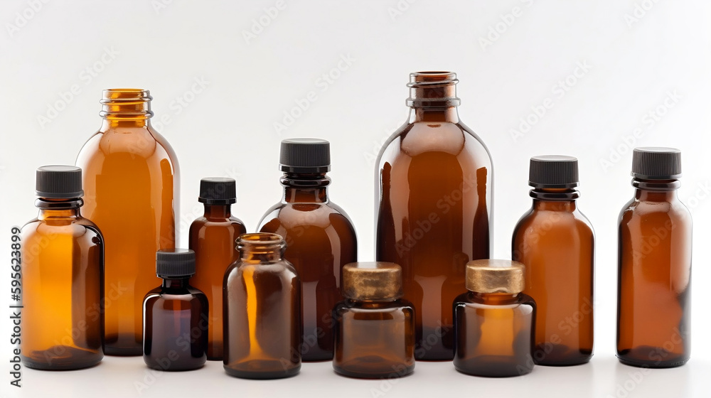 Various amber glass bottles for cosmetics, natural medicine, essential oils or other liquids isolated on a white background. Generative AI.