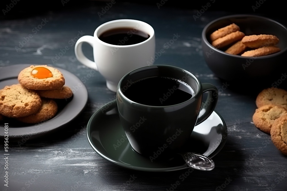 Black Coffee mug with breakfast on table (Ai generated) Black Coffee mug with breakfast on table (Ai generated)