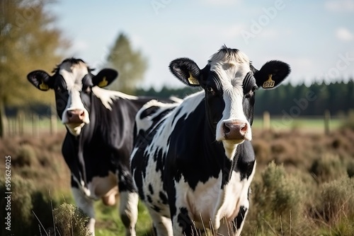 Cow standing on green grass, Black and white color, farm animal (Ai generated) © thesweetsheep