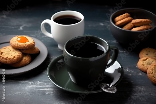Black Coffee mug with breakfast on table (Ai generated)