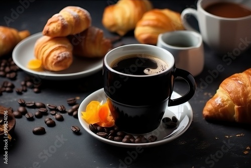 Black Coffee mug with breakfast on table  Ai generated 