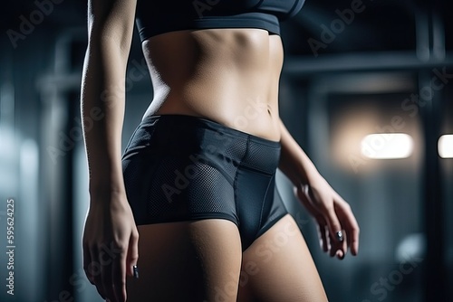 Athletic fitness woman wearing black, slim body and abs