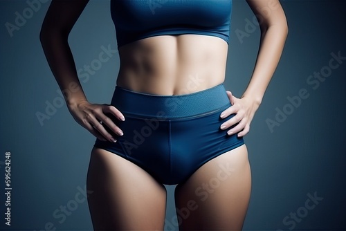 Athletic fitness woman wearing blue, slim body and abs © thesweetsheep