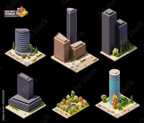 Vector isometric world map creation set. Combinable map elements. City downtown or center map. Skyscrapers, park, modern buildings and streets