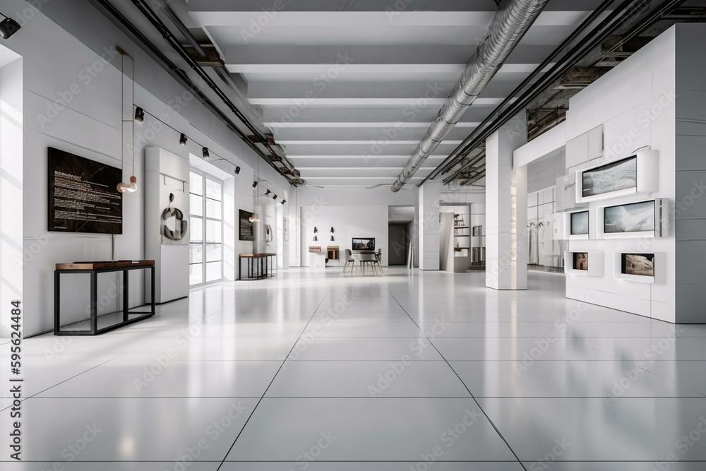 Contemporary showroom with blank floor and white wall - 3D modeling. Generative AI