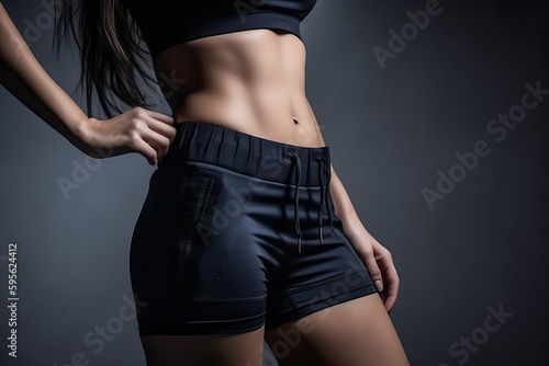 Fitness woman, slim body and abs in studio light photo