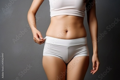 Fitness Woman Body: Beautiful athletic body - A close-up shot of a fitness woman while wearing white workout clothes, showcasing her toned body. (Ai generated) © thesweetsheep