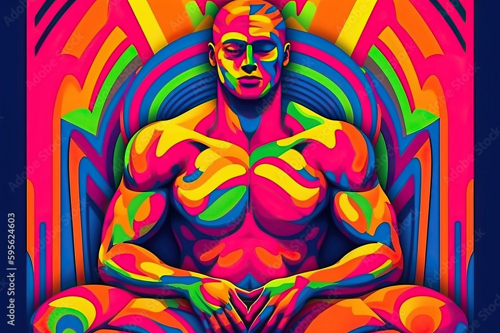 Bodybuilder painting pop art collage style in neon bold color (Ai generated)