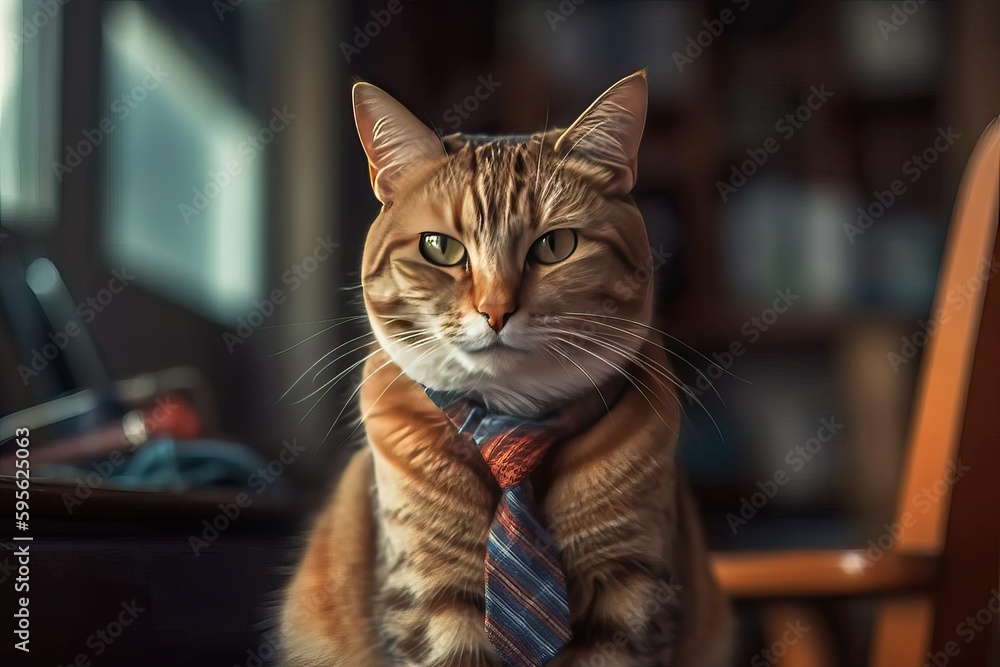 Cat wearing necktie portrait, cute kitten