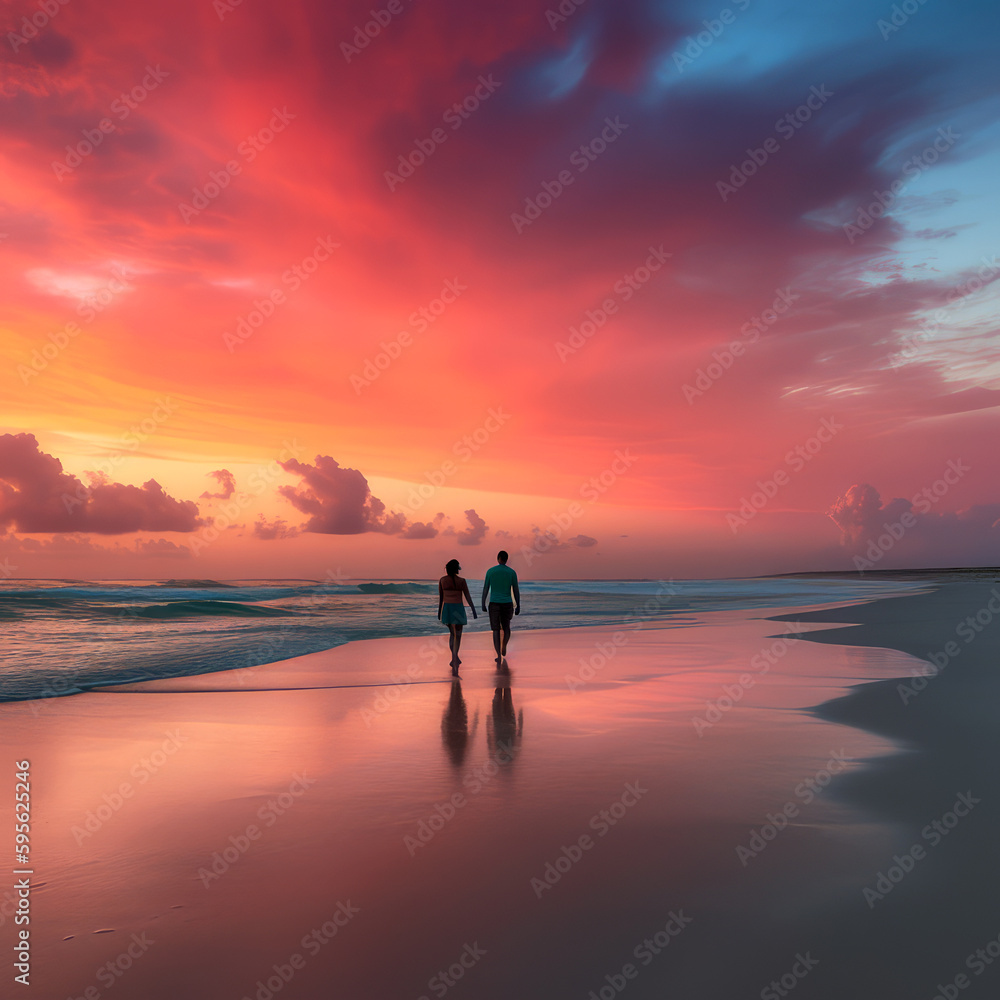 romantic photograph of a couple walking hand in hand on a deserted beach at sunset, ai