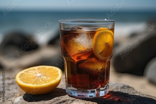 Cold drink with ice and a slice of lemon, summer drink (Ai generated)