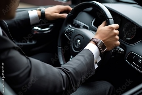 Fotografia Driving, Business man in black suit drive a luxury car(Ai generated)