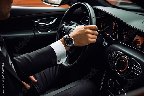 Driving, Business man in black suit drive a luxury car(Ai generated)