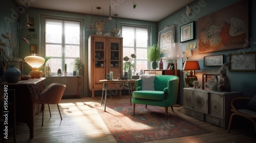 Eclectic interior design room with beautiful lightning generative ai