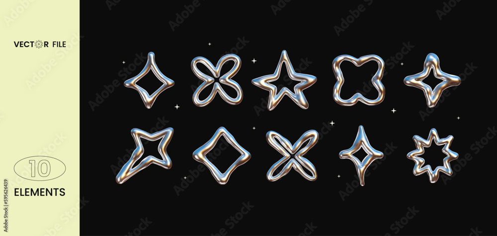 Vector illustration - Set of chrome Y2K elements. Trendy shapes with  glossy liquid metal effect. Great for your design web or print projects. - obrazy, fototapety, plakaty 