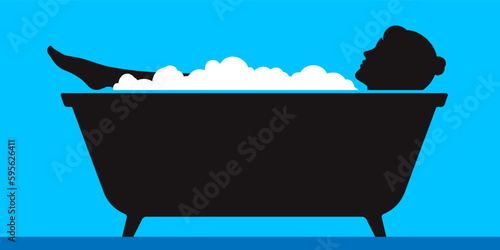 Woman lying in bathtub full of soap foam on a blue wall background. Young lady taking bath in a relaxed pose. Flat style vector illustration.