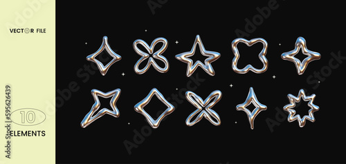 Vector illustration - Set of chrome Y2K elements. Trendy shapes with  glossy liquid metal effect. Great for your design web or print projects. photo