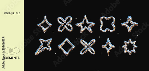 Vector illustration - Set of chrome Y2K elements. Trendy shapes with  glossy liquid metal effect. Great for your design web or print projects.