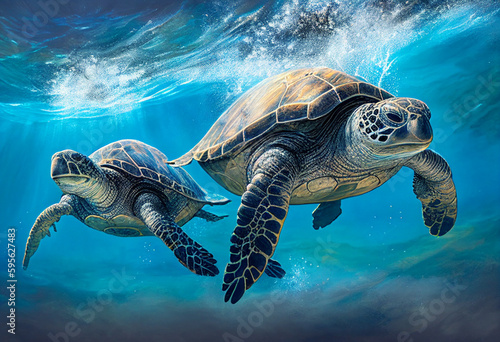 Two large large turtles travel through the depths of the ocean. AI Generated