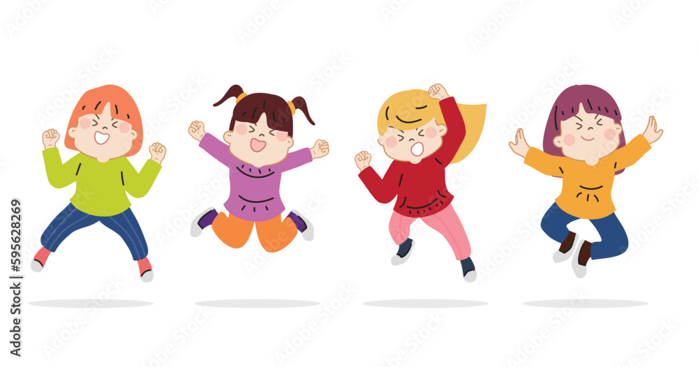 Set cute little kids jumping happy celebrating pose expression. Cartoon hand drawn character vector isolated on white background. Set cute little kids jumping happy celebrating pose expression. Cartoon hand drawn character vector isolated on white background.