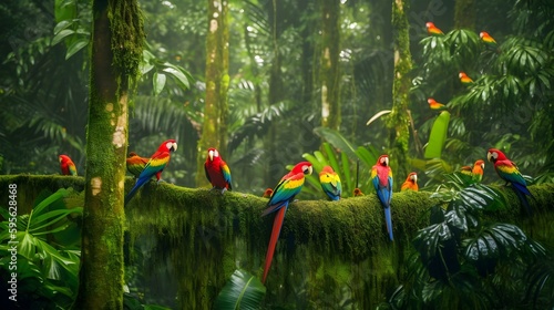 A group of colorful parrots perched in the jungle