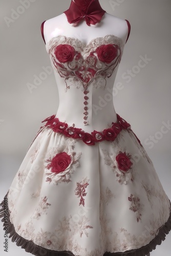 IA generativa Vestido blanco y rojo con rosas, escultura de pastel, estilo victoriano gótico en maniquí
