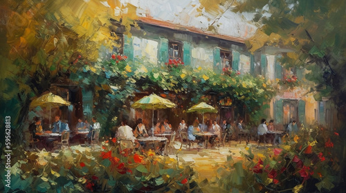 Digital oil painting of people sitting in a garden cafe and enjoying the sunny summer weather  impressionism  beautiful artistic image for poster  wallpaper  art print etc. Generative AI
