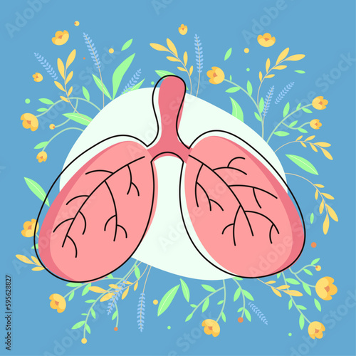 Illustration of a human lungs with flowers and leaves on a blue background