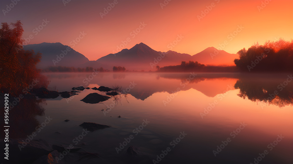 Fototapeta premium landscape photograph of a serene lake at sunrise, AI Generative art