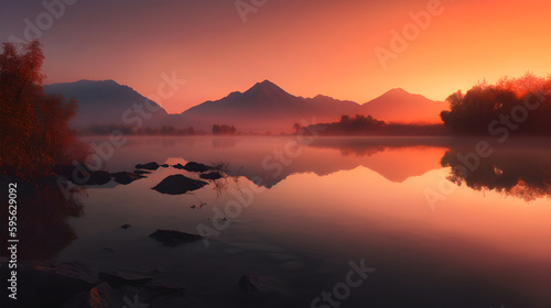 landscape photograph of a serene lake at sunrise, AI Generative art