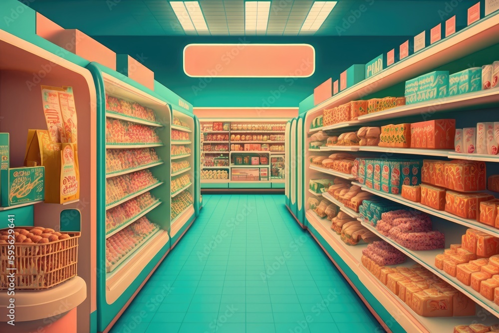 Supermarket interior with shelves and products