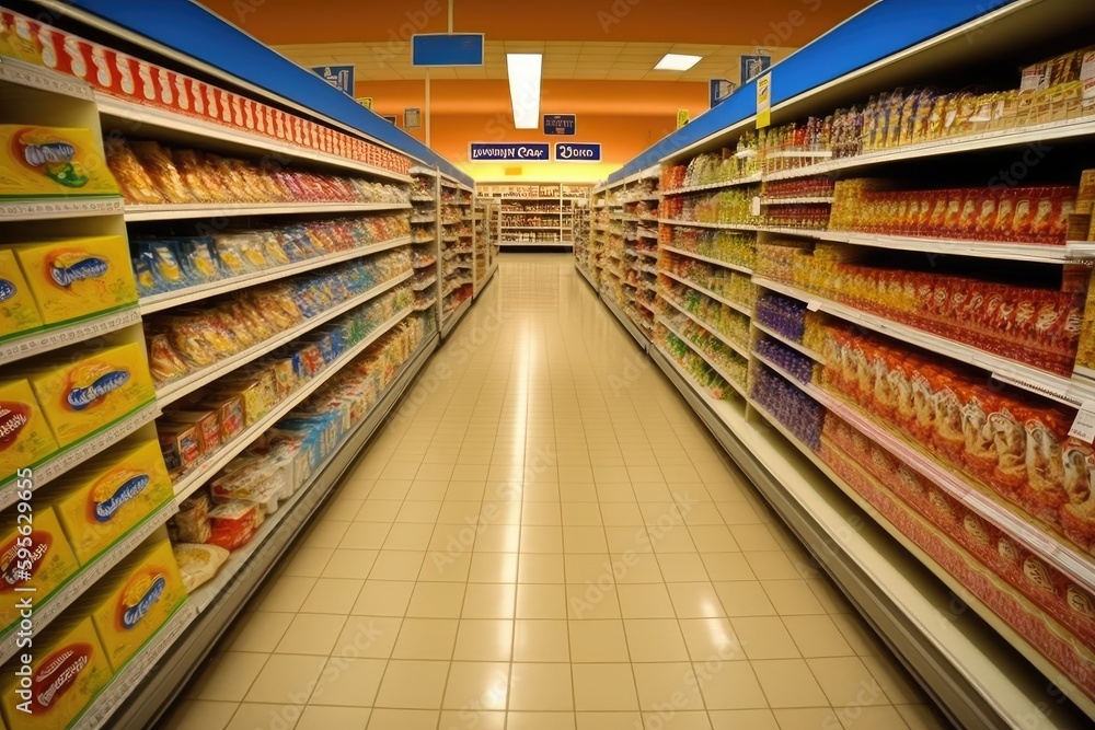 Supermarket aisle with food products in a shopping mall