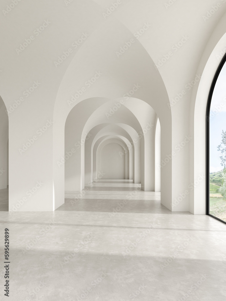 Conceptual interior empty room with arched ceiling 3d illustration