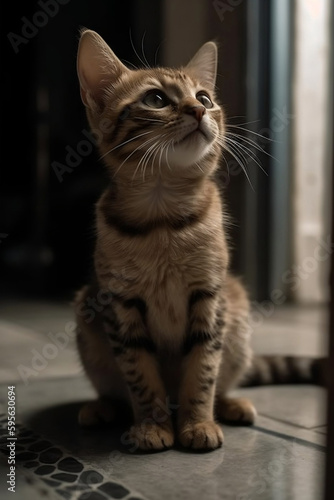 adorable brown tabby kitten sitting on the bathroom floor of an appartment / house looking up - Generative AI