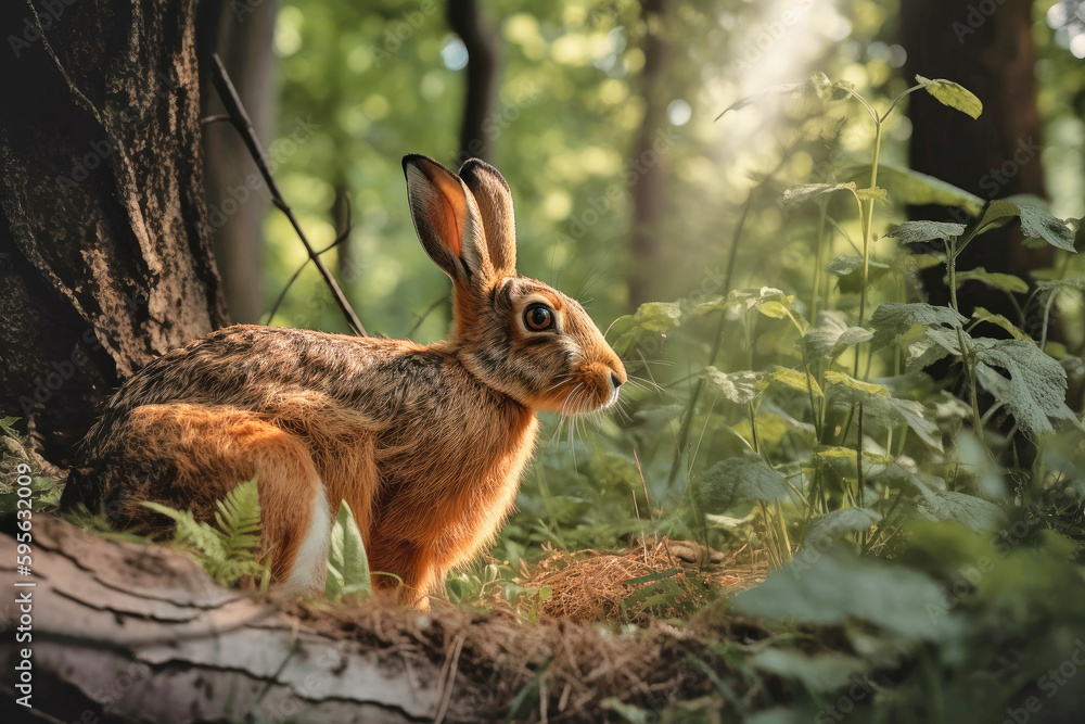 Obraz premium Close-up of a hare in summer forest, Generative AI
