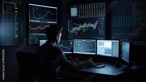 Trader doing analysis and trading behind multiple screens showing charts and statistics. Stock, crypto or forex financial market. Generative AI.