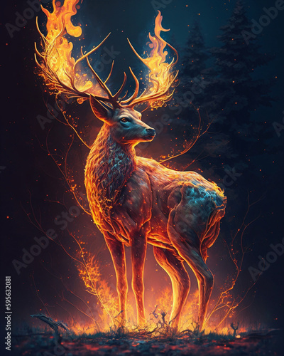 A deer in fire with white antlers standing in the background