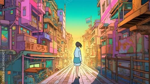 Futuristic Anime Girl in an Asian Metropolis